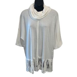 Terre Bleue white lightweight short sleeve knit top faux fringe hemline size S